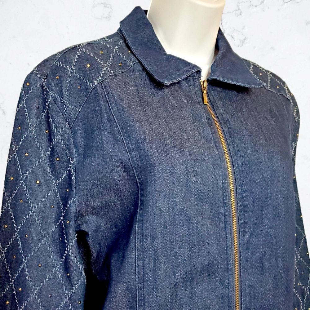 Country Store Denim Embroidered Gold Rhinestone Zip Front Jacket - Picture 3 of 8